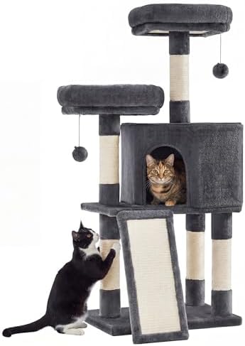 SONGMICS HOME Cat Tree, Cat Tower with Cat Cave, Scratching Ramp, Sisal Scratching Posts, Multi-Level Cat Condo for Indoor Cats, Dark Gray