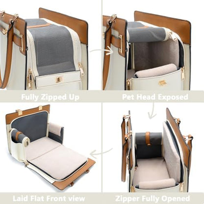 2-in-1 Stylish Dog Purse Carrier Soft-Sided Carriers Travel Tote Bag for Small Dogs Cats, Fashion Foldable Pet Bag for Puppies Small Animals with Pockets (Beige+Brown, 15" L x 7.5" W x 12.2" H)