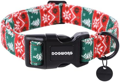 DOGWONG Christmas Cotton Dog Collar, Red Green Stripe Christmas Dog Collar Durable Soft Pet Collars Cute Red Necklace for Medium Large Dogs,L