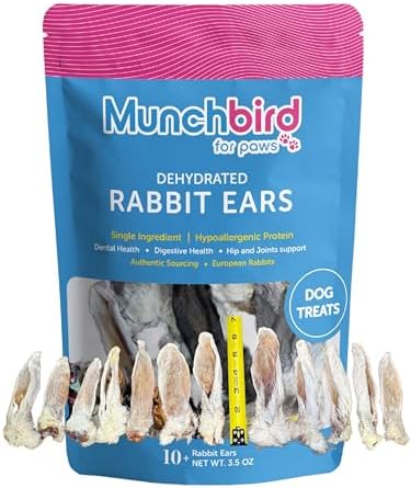 Munchbird Dehydrated Rabbit Ears 100g (3.5 oz) 12-15 pcs for Dogs, European Furry Rabbit Ear Natural Fiber for Pets, Rawhide Free Alternative to Pig Ears Dog Treats, Ear Size Varies