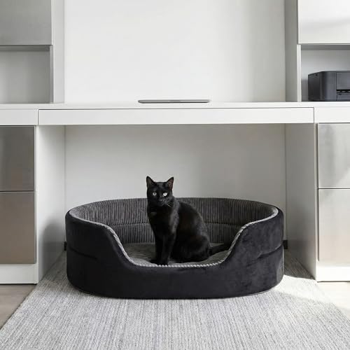 Small Dog Bed Cat Bed 16x20 Inch, Calming Pet Bed for Dogs & Cats, Machine Washable Dog Bed, Half-Enclosed Open-Top Velvet Anti-Anxiety Bed, Cozy Snuggle Bed (Black)
