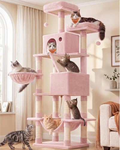 Feandrea Cat Tree, 81.1-Inch Large Cat Tower, Multi-Level Condo, Jelly Pink