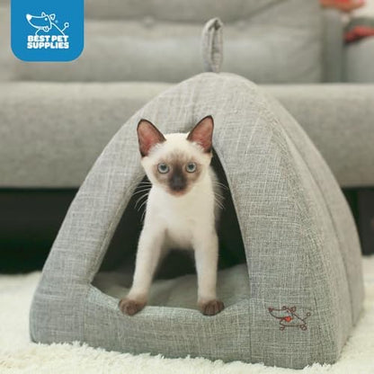 Best Pet Supplies Cat Bed for Indoor Cat, Domed Tent House with Removable Pillow, Covered Cat Cave for Small Dog, Puppies and All Breeds of Cats - Gray Linen, 16 x 16 x H:14"