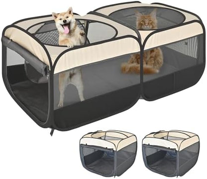 2-in-1 Pop Up Cat Playpen, Detachable into 2 Separate Pens with Additional Doors, Assembly-Free Portable Dog Crates Pet Pen Tent Kennel Kitten Puppy Enclosure Cage Indoor Outdoor Foldable Condo(M)