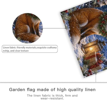 Merry Christmas House Flag 28x40 Inch Red Fox Pine Wreath Lantern Gift Snowy Birch Forest Rustic Winter Outdoor Yard Lawn Front Porch Welcome Double Sided Banner Decor