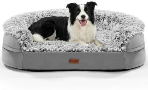 iweepet Fluffy Calming Orthopedic Dog Beds for Medium & Large Dogs, Supportive Dog Sofa Bed with 3.7 inch 28D Egg-Crate Foam, Removable Washable Plush Cover, Waterproof Lining, 41'',Grey
