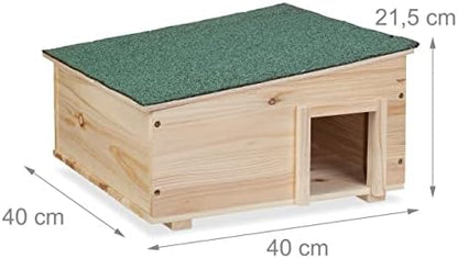 Relaxdays Hedgehog House, Wooden, Pet Hotel With Base, 2 Chambers, Winter Shelter, HxWxD: 21.5x40x40 cm, Brown