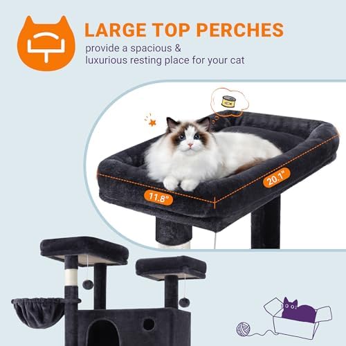 Allewie 81 Inches Tall Cat Tree/Multi-Level Large Climbing Tree House and Towers for Big Feline/Condo and Hammock/Scratching Post/Wide Base/Dark Grey