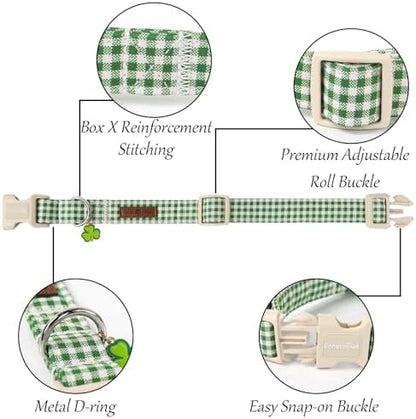 Lionet Paws St. Patrick Dog Collar, Comfortable Adjustable Green Collar with Green and White Grid Pattern for Small Male Female Dogs Collars, Neck 10-16 inches