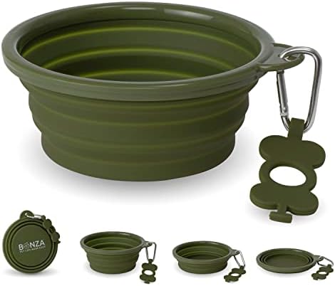 Bonza Collapsible Dog Bowls - Large 33 oz, Dog Travel Accessories, Silicone Portable Dogs Bowl & Water Dish with Reinforced Rim & Carabiner for Hiking, Camping, and Car Trips, Moss Green