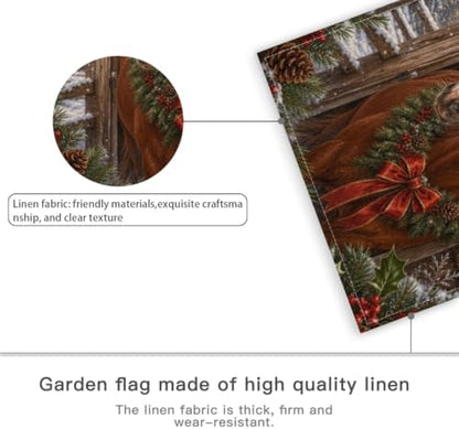Merry Christmas House Flag 28x40 Inch Chestnut Horse Pine Wreath Red Bow Snowy Stable Lantern Rustic Winter Outdoor Yard Lawn Front Porch Welcome Double Sided Banner Decor