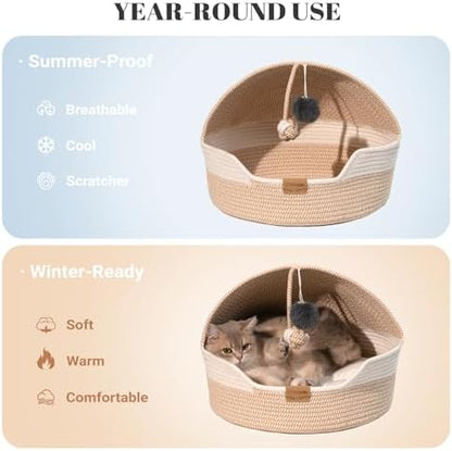 CHEERPALS Cat Basket Bed with Washable Cushion and Ball Rope Cotton, Covered Pet Bed for Indoor Cats Cave Bed Hooded, Stimulicat Cat Bed Handwoven Breathable, All Season Universal(White)