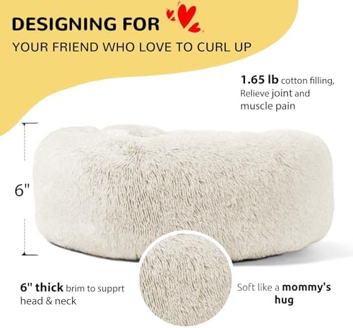 HACHIKITTY Calming Donut Cuddler Dog Bed, Round Fluffy Pet Bed for Small Dogs,Washable, Large, White, 24''