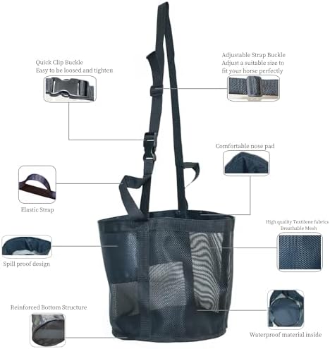 Horse Feed Bag for Grain, Small, Heavy Duty Durable Mesh Horse Feeder with Adjustable Strap, Comfortable Neck, Reinforced Waterproof Bottom Horse Muzzle Feed Bag