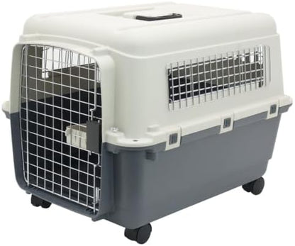 SportPet Airline Compliant MEDIUM 26.5" Travel Dog Kennel-Durable Plastic Airline Pet Carrier w/Removable Wheels & Food Bowls, Collapsible Indoor/Outdoor Dog Kennel, Dogs up to 23"L & 15"H-Cream/Gray