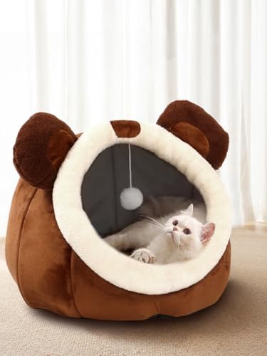 Cat Beds for Indoor Cats -Bear Animal-Shaped Cat Cave Bed with Toy,Brown L