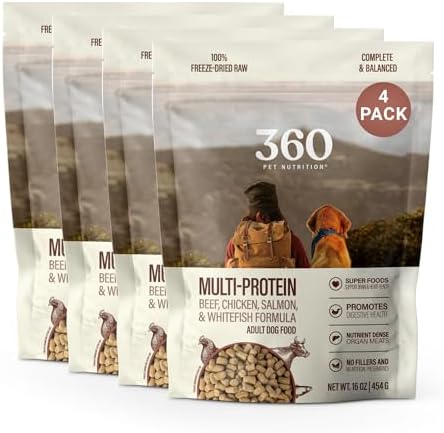 360 Pet Nutrition Freeze-Dried Raw Dog Food – Multi-Protein with Beef, Chicken, Fish & Organs, High Protein, Omega-3s, Fruits, Veggies & Superfoods, Grain-Free, No Fillers 4 x 16 oz Made in USA