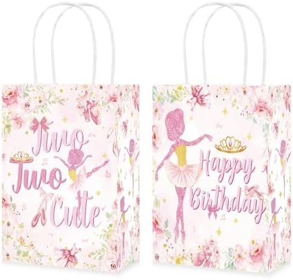 16Pcs Ballerina 2nd Birthday Party Favor Bags Pink Ballet Tutu Cute Candy Treat Gift Goodie Bags with Handles Ballerina Fairy Decorations for Girls 2 Year Old Birthday Baby Shower Party Supplies