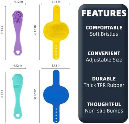 4PCS Dog Bath Brush | Scrubber for Bath | Shampoo Brush | Toothbrush | Finger Toothbrush | Dog Shower/Washing Brush with Adjustable Ring Handle - Pet Bath Supplies (Blue Yellow)