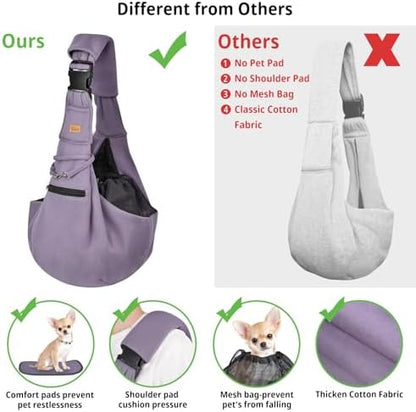 CUBY Adjustable Dog Cat Sling Carrier with Padded Hard Bottom Pet Carrier Sling Soft Carrying Puppy Bag for Small Dogs Cats Outdoor Travel(Purple)
