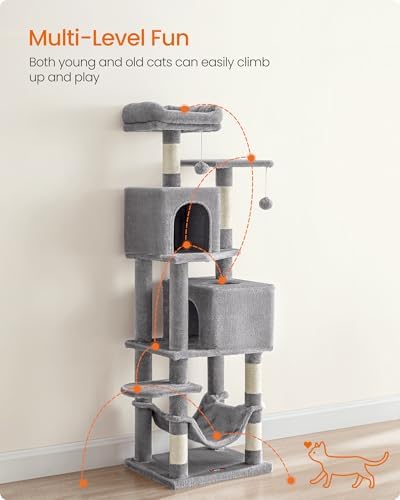 Feandrea Cat Tree, 59.5-Inch Tall Cat Tower, Multi-Level Condo, Light Gray
