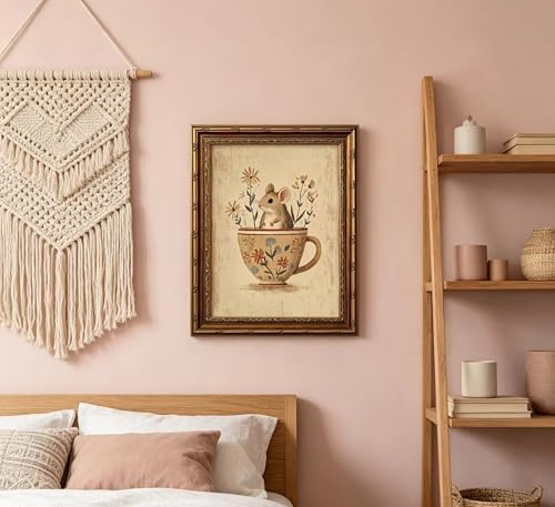 Vintage Gold Framed Mouse Wall Art, Rat in Floral Teacup Canvas Print, Cottagecore Whimsical Animal Picture Wall Decor, Antique Rustic Farmhouse Poster Artwork for Nursery Bedroom Living Room