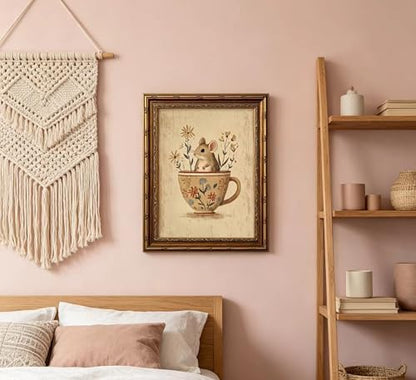 Vintage Gold Framed Mouse Wall Art, Rat in Floral Teacup Canvas Print, Cottagecore Whimsical Animal Picture Wall Decor, Antique Rustic Farmhouse Poster Artwork for Nursery Bedroom Living Room