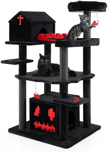 PETSITE 49 inch Gothic Cat Tree, Multi-Level Halloween Goth Cat Tree Tower with Coffin Bed, Scratching Posts, 2 Condos, Cozy Top Perch, Bat-Shaped Teasing Balls, Black