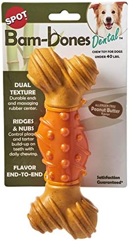 SPOT Bam-Bones Dental Bone - Made with Bamboo Fiber and a Massaging Rubber Center, Durable Oral Care Dog Chew for Light Chewers & Teething Puppies Under 40lbs, 7in, Allergen Free Peanut Butter Flavor