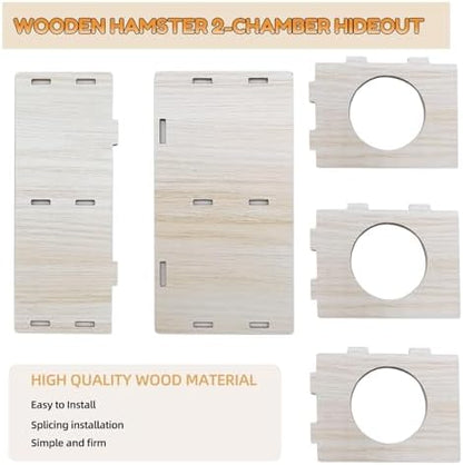 Hamiledyi Wooden Hamsters 2-Chamber Hideout-Tunnel Multi Chamber Exploring Toy Hamster Hiding Maze Tunnel Toy Platform Stuff Cage Accessories for Gerbil Rat Mice
