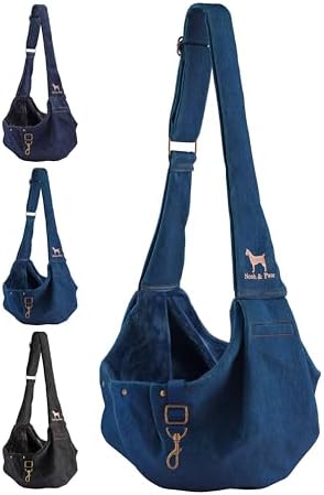 Noah & Paw Dog Sling Carrier for Small Dogs 5-18lb, Dog Sling for Small Dogs and Cats, Dog Carrier with Adjustable Padded Strap, Premium Denim, Lined with Fur, Double Safety Feature, Machine Washable