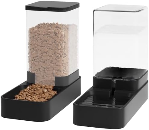 Automatic Cat Feeder and Water Dispenser in Set with Pet Food Bowl,Gravity Dog Waterer and Food Feeder for Small Medium Dog Cat Puppy Kitten Large Capacity(3.3L,Black)