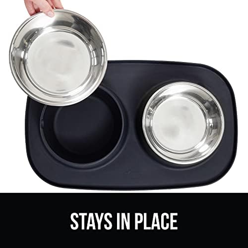 GORILLA GRIP Dog Bowl Set with Feeding Mat, 304 Stainless Steel 4 Cup Black