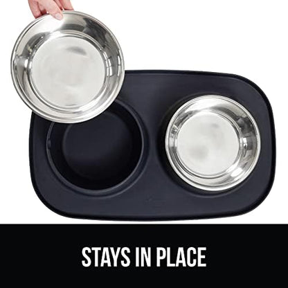 GORILLA GRIP Dog Bowl Set with Feeding Mat, 304 Stainless Steel 4 Cup Black