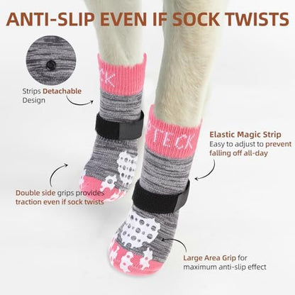 PUPTECK Anti-Slip Dog Socks with Double Sides Grips for Small Medium Large Dogs Hardwood Floors Prevents Licking, Dog Shoes for Hot Pavement Traction Control for Senior Dogs, Grey&Pink XS