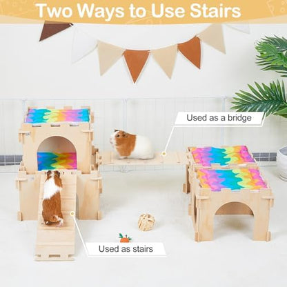 Unicorn Catcher 4 Pack Wooden Guinea Pig Hideout House with Stairs & Mats