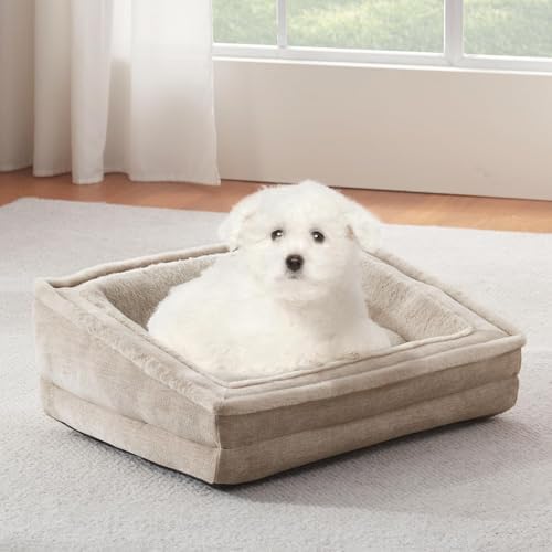 Laojin Balhen Cat Couch for Pets, Washable Cat Beds for Indoor Cats, Super Soft Plush Supportive Dog Couch Bed for Puppy and Kitten with Anti-Slip Bottom, 26inch, Beige