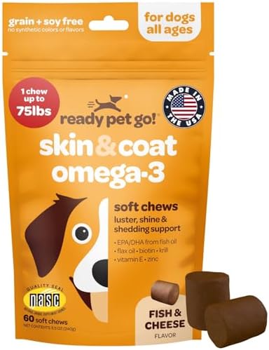 Skin and Coat Supplement for Dogs | Nourishing Omega 3 for Dogs with EPA DHA Krill Oil and Vitamin E | Dog Skin and Coat Supplement | 1 Chew up to 75lbs | NASC Certified & Made in the USA | 60 Chews