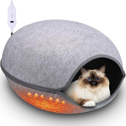 Beeveer Heated Cat Bed, Indoor Heated Cat Cave, Warmer Thermal Pet Bed with Removable Waterproof Heater for Kitty Small Dogs Gray(19.7X 17.8 x 13 Inches)