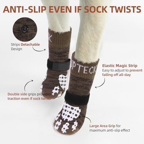 PUPTECK Anti-Slip Dog Socks with Double Sides Grips for Small Medium Large Dogs Hardwood Floors Prevents Licking, Dog Shoes for Hot Pavement Traction Control for Senior Dogs, Coffee Brown M