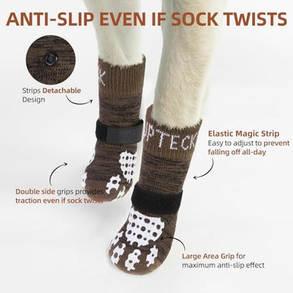 PUPTECK Anti-Slip Dog Socks with Double Sides Grips for Small Medium Large Dogs Hardwood Floors Prevents Licking, Dog Shoes for Hot Pavement Traction Control for Senior Dogs, Coffee Brown M