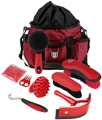 Harrison Howard Horse Grooming Brushes Kit 7 pieces with Organizer Tote Equine Care Series Horse Brush Sets Red