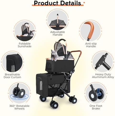 Double Pet Stroller for Small Medium Dogs - 4 In1 Dog Stroller for 2 Pets, Detachable and Foldable with 360°Rotating Wheels, Easy Assembly and Compact Size (Black)