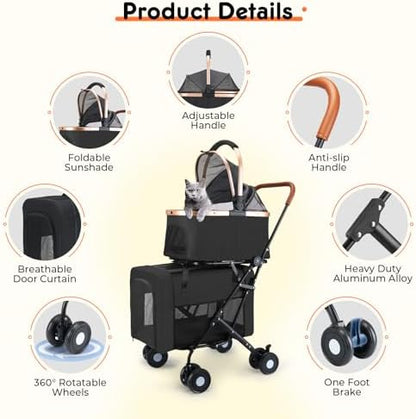 Double Pet Stroller for Small Medium Dogs - 4 In1 Dog Stroller for 2 Pets, Detachable and Foldable with 360°Rotating Wheels, Easy Assembly and Compact Size (Black)