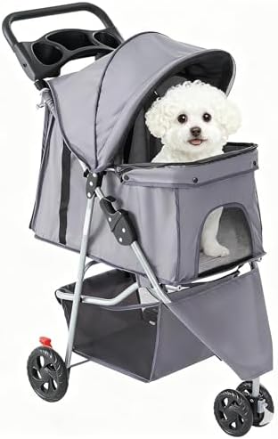 3 Wheels Pet Stroller,Storage Basket and Cup Holder, Breathable Mesh, Waterproof and Foldable for Small/Medium Dogs and Cats Strollers, Lightweight Travel Carrier for Daily Walks & Outdoor，Grey