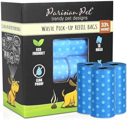 Parisian Pet Ecofriendly Dog Poop Bags Rolls - 320 Count Unscented Poop Bags For Dogs - Leakproof, Extra Thick, 16 Dog Waste Bags Refill Rolls - Polka Dot Blue Doggie Poop Bags - Fits All Dispenser