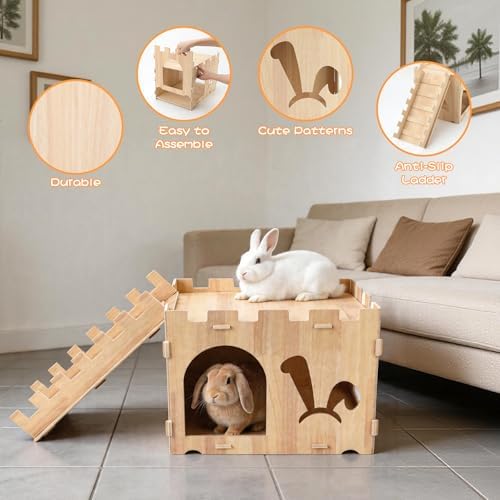 BWOGUE XL Wooden Rabbit Hideout Castle, Bunny House Wood for Small Animals