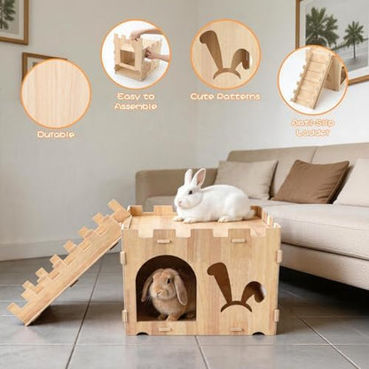 BWOGUE XL Wooden Rabbit Hideout Castle, Bunny House Wood for Small Animals