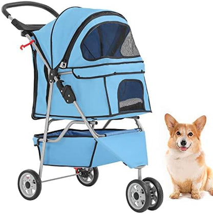 BestPet | 3-Wheel Foldable Pet Stroller | Blue | Lightweight & Portable