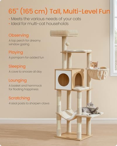Feandrea Cat Tree, 65-Inch Tall Cat Tower, Multi-Level Condo with Cave